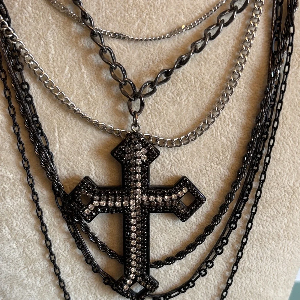 Express Gunmetal Layered Cross Necklace Pavé Statement Chains Y2K - Picture 3 of 7